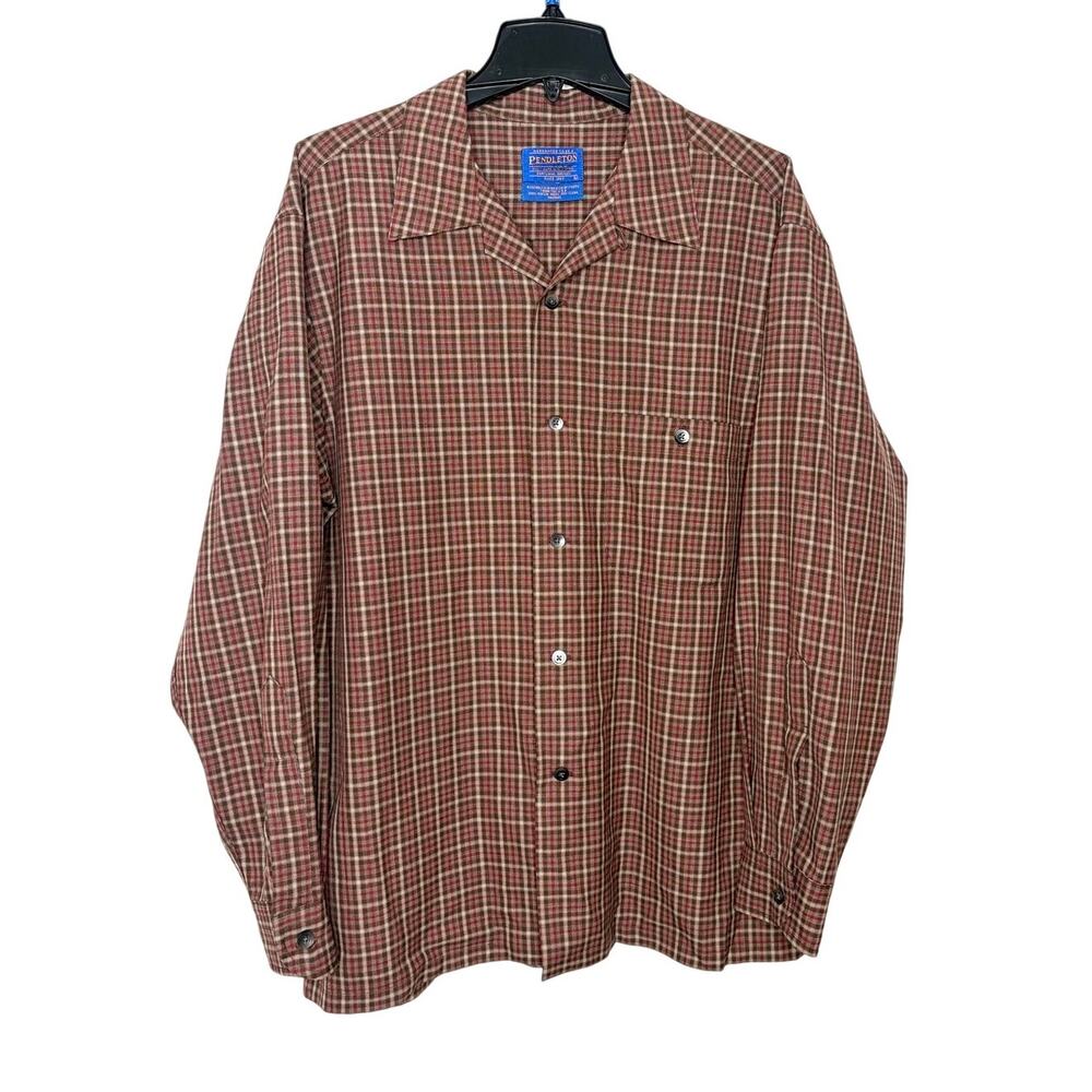 Pendleton 100% Pure Virgin Wool Plaid Button Down Shirt Men's L Brown Red Casual